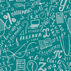 Mathematics doodle seamless pattern. Back to school hand drawn background for notebook, not pad, sketchbook. Algebra or math subject design. Education and study concept.
