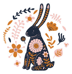 Ethnic rabbit. Decorative tribal animal design with flower pattern