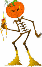 Scarecrow With A Wooden Body And A Pumpkin Head, Holding A Candle In His Hands