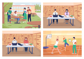 Poster - School activities flat color vector illustration set. Eating lunch with friend outside. Pupils study in library. Students interacting 2D cartoon characters with room interiors on background collection