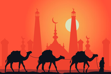 The caravan passes near the mosque at sunset