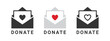 Donate icons. Charity icon envelope with a heart. Donations related signs. Vector illustration