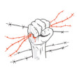Barbed wire clenched in fist. Illustration on the theme of dictatorship and the Holocaust. Console camp. Resistance and revolution symbol concept.