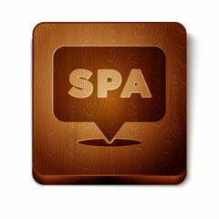 Sticker - Brown Spa salon icon isolated on white background. Concept for beauty salon, massage, cosmetic. Spa treatment and cosmetology. Wooden square button. Vector