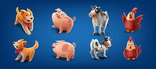Set Of Cartoon Animals For Farm Dog Cow Chicken Pig 