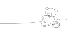 Teddy Bear With Heart Continuous Line Drawing. One Line Art Of Decoration,gift, Bear, Toy, Stuffed Toy, Valentine S Day, March 8, Birthday, Romance, Gift, Relationship, Love.