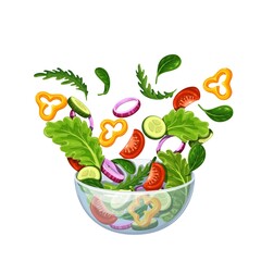 Sticker - Salad falling into bowl vector illustration. Flying salad with red tomatoes, pepper, cucumber, spinach and lettuce concept cooking