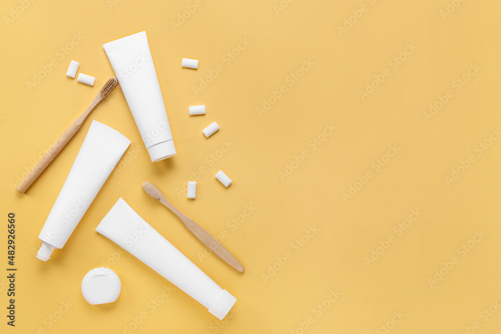 Set of dental hygiene on beige background