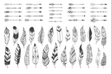 Boho Arrows And Rustic Ethnic Decorative Feathers Set, Drawn Ink Tattoo Elements In Native American Indian Style, Vintage Vector Arrows And Drawn Ink Boho Vintage Tribal Feathers.