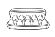 Egg Box With Ten Chicken Eggs, Carton Pack Or Container Outline Drawn Vector Illustration.
