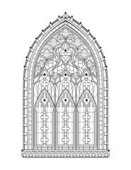 Wall Mural - Beautiful Gothic stained glass window from French church. Medieval architecture in western Europe. Black and white drawing for coloring book. Worksheet for children and adults. Vector illustration.