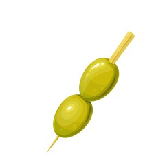 Wall Mural - Two green olives on a wooden skewer vector illustration.