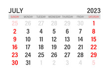 July 2023 Calendar Template. Layout For July 2023. Printable Monthly Planner. Desk Calendar Design. Start Of The Week On Sunday.