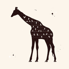 Sticker - Giraffe and birds on wires. Animal silhouette. Starry sky texture