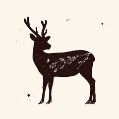 Sticker - Red deer silhouette. Abstract animal shape. Night starry sky texture