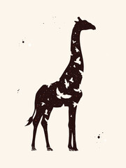 Sticker - Giraffe and flying birds. Abstract animal silhouette. Night starry sky