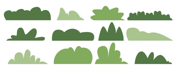 Wall Mural - set of green bush or shrubbery silhouette flat vector illustration. simple garden landscape with car