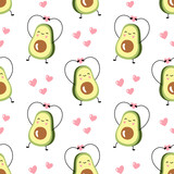 Fototapeta Dinusie - Cute cartoon avocado character, valentine's day. Seamless pattern for wrapping, fabric, wallpaper, texture.
