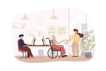 Poster - Programmers working at office modern flat concept. Developers coding, discuss tasks. Handicapped person on wheelchair work in IT industry. Vector illustration with people scene for web banner design