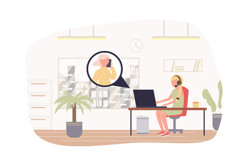 Poster - Customer service and tech support modern flat concept. Woman operator answers clients call, consults and solves problems online at office. Vector illustration with people scene for web banner design
