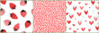 A set of seamless patterns for Valentine's Day. Strawberries, hearts, simple dots prints for lovers. Vector graphics.