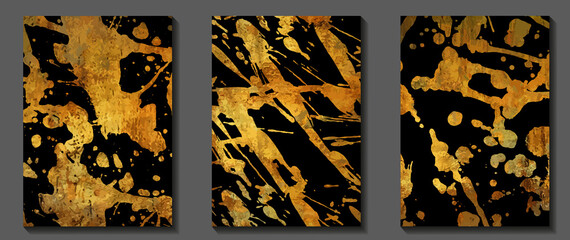 Gold vintage art vector set. Grunge luxury cover design. Gold vector texture on black background. Hand drawn abstract illustration with paint brush strokes and splashes for cover, wallpaper, print.