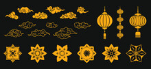 Set Of Asian Design Elements. Vector Decorative Collection Of Patterns, Lanterns, Flowers, Clouds, Ornaments In Chinese Style