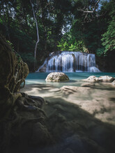 Scenic Waterfall Smooth Stream, Turquoise Pond In Rainforest. Erawan Falls, Kanchanaburi, Thailand.
