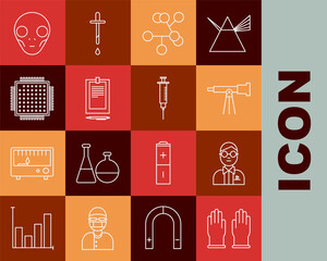 Canvas Print - Set line Rubber gloves, Scientist, Telescope, Molecule, Clipboard with document, Processor, Extraterrestrial alien face and Syringe icon. Vector