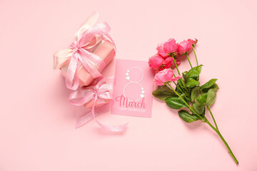 Composition with greeting card, gift boxes and rose flowers on color background