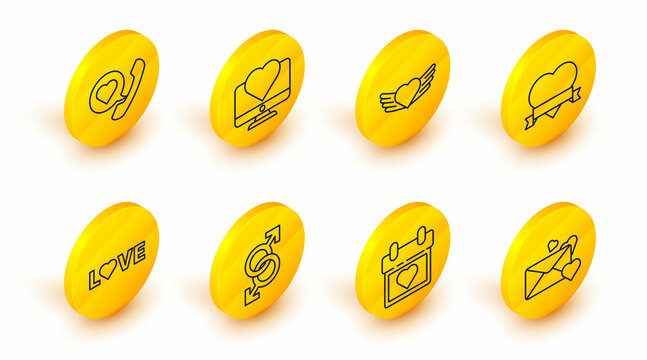Set line Envelope with heart, Calendar, Male gender symbol, Love text, Heart and ribbon, wings, Computer monitor and Telephone speech bubble icon. Vector