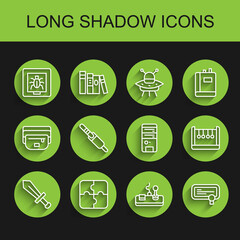 Sticker - Set line Sword for game, Piece of puzzle, Insects in frame, Gamepad, Certificate template, Audio jack, Pendulum and Computer icon. Vector