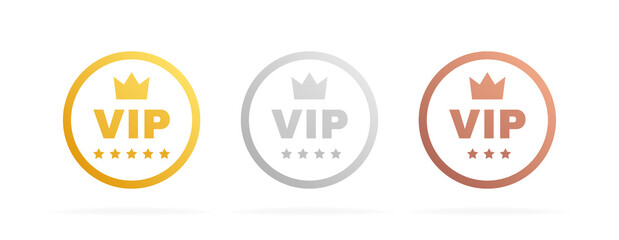 Set VIP badges in gold, silver and bronze color. Round label with three vip level. Modern vector illustration