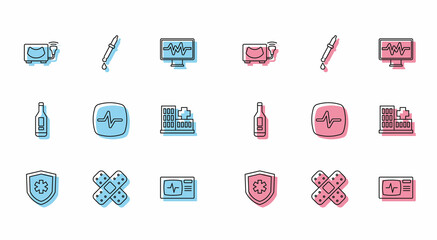 Sticker - Set line Life insurance, Crossed bandage plaster, Ultrasound, Monitor with cardiogram, Heart rate, Hospital building, Digital thermometer and Pipette icon. Vector