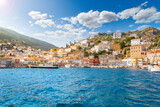 Fototapeta  - The harbor and port at the Greek island waterfront village of Hydra, one of the Saronic islands of Greece.