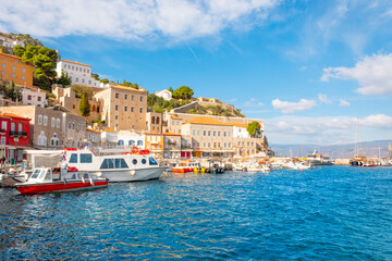 Wall Mural - The harbor and port at the Greek island waterfront village of Hydra, one of the Saronic islands of Greece.