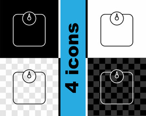 Wall Mural - Set line Bathroom scales icon isolated on black and white, transparent background. Weight measure Equipment. Weight Scale fitness sport concept. Vector