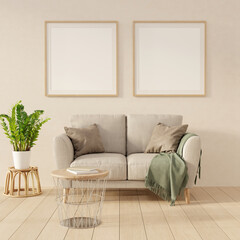 Poster - Living room interior with sofa, plant and coffee table. Two picture mock ups on the wall. 3D render. 3D illustration.
