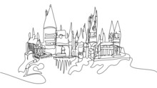 Hogwarts Castle Drawn One Line On A White Background. Harry Potter School Of Witchcraft And Wizardry