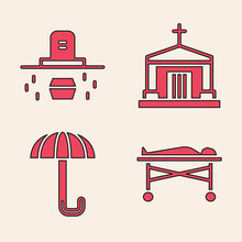 Set Dead Body In The Morgue, Grave With Coffin, Old Crypt And Umbrella Icon. Vector