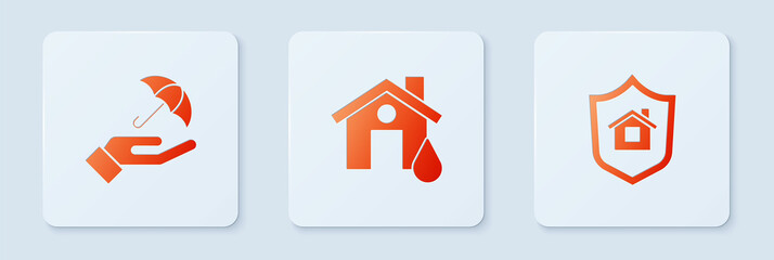 Canvas Print - Set House flood, Umbrella in hand and with shield. White square button. Vector