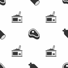 Poster - Set Salami sausage, Steak meat and Tin can with caviar on seamless pattern. Vector