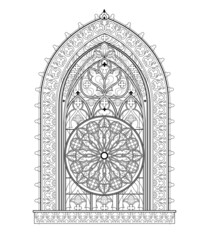 Beautiful Gothic stained glass window from French church with rose. Black and white drawing for coloring book. Medieval architecture in western Europe. Worksheet for children and adults. Vector image