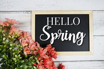 Sticker - Hello Spring text on blackboard with flower bouquet decoration