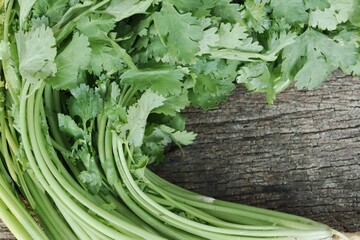 Poster - Fresh green coriander on brown wood background