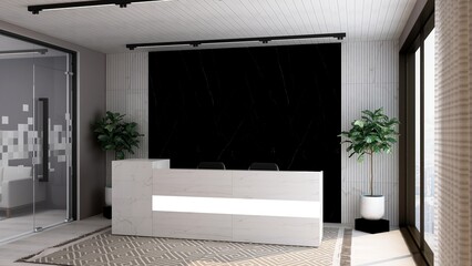 office front desk or receptionist room with wooden design interior