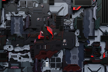 Fototapete - 3d illustration of a realistic model of a robot or black and red  cyber armor. Close-up equipment for mining crypto-bitcoin; ether. Video cards; motherboards