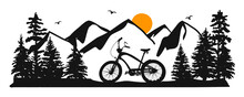 Cycling Vector Silhouette. Mountain Landscape, Forest Strip, Bike And Road Vector. Bicycle Vector Silhouette. Hand Drawing. Eps Art Vector