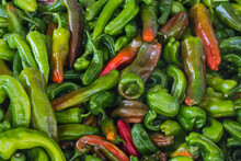Close-up Green And Red Vegetable For Background,  Pepper Texture. Green Peppers Form A Natural Shape. Fresh Raw Vegetables