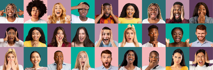 Poster - Millennials posing on colorful studio backgrounds, showing different emotions